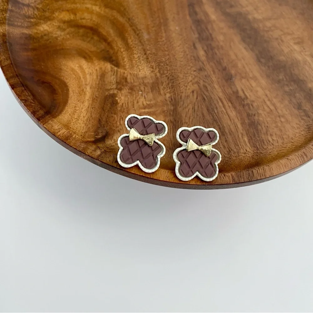 4/$15 Cute Brown Bear with Gold Bow Stud Earrings
